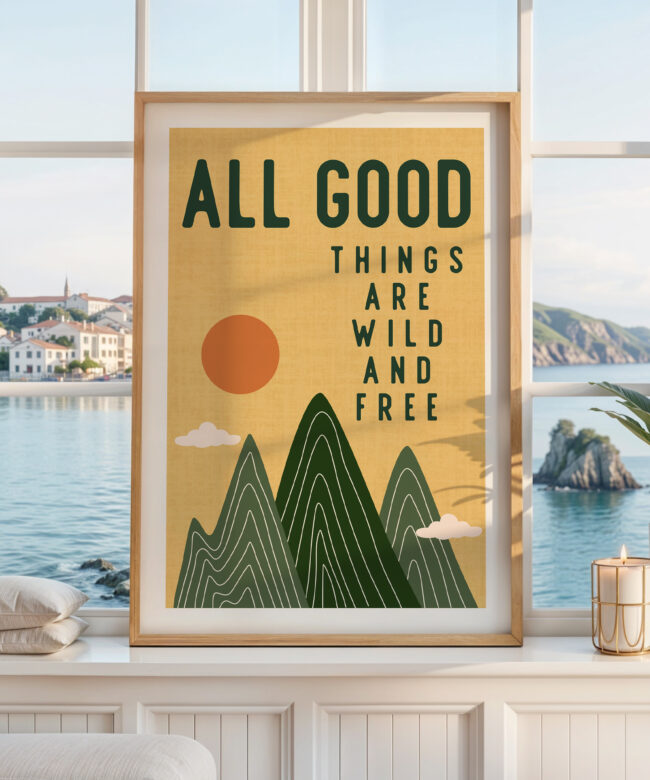 All Good Things Are Wild And Free Print, Retro Mountain Wall Art, Thoreau Quote