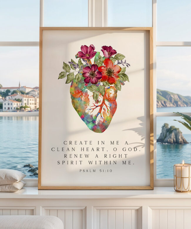 Psalm 51:10 Wall Art, Create In Me A Clean Heart Print, Christian Floral Bible Decor